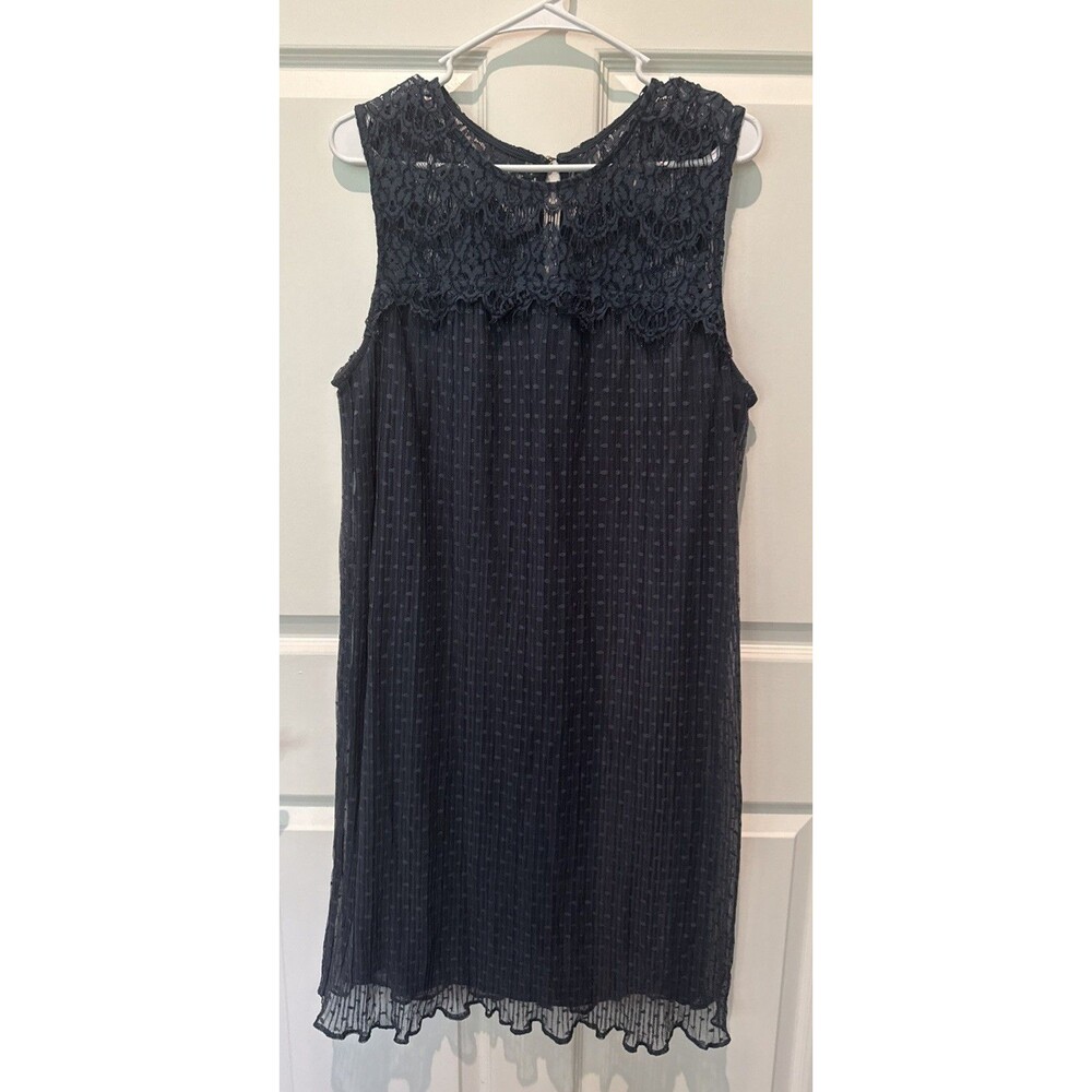 Lane Bryant Dress 14/16 Navy Blue Lace Yoke Swiss Dot Chiffon Sleeveless Shift